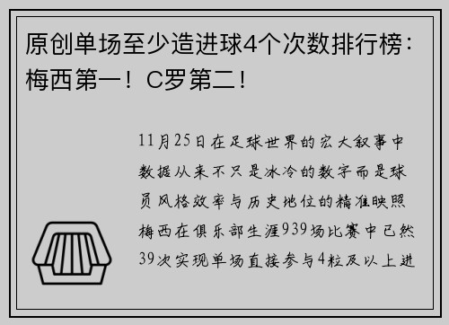 原创单场至少造进球4个次数排行榜：梅西第一！C罗第二！